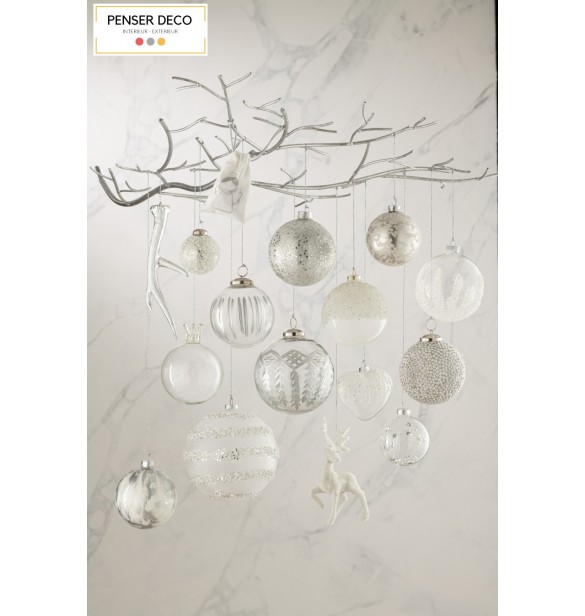 Lot de 4 Boules de Noël Verre Transparent Plumes 10 cm décoration