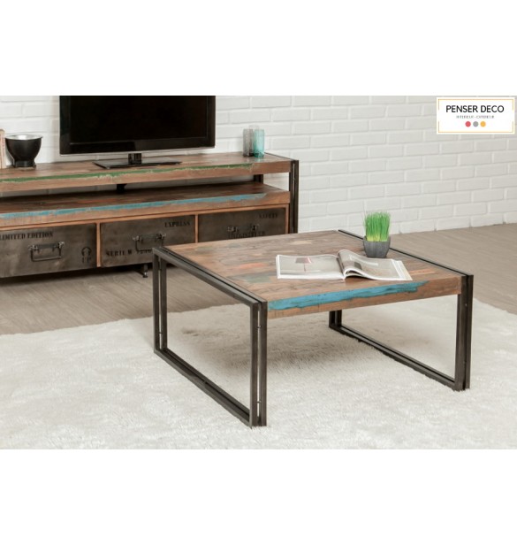 Table basse plateau Teck recyclé 80x80 cm, Delorm